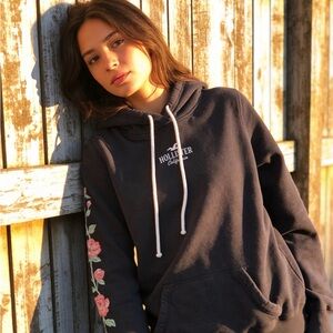 Hollister Charcoal Hoodie with White Drawstrings